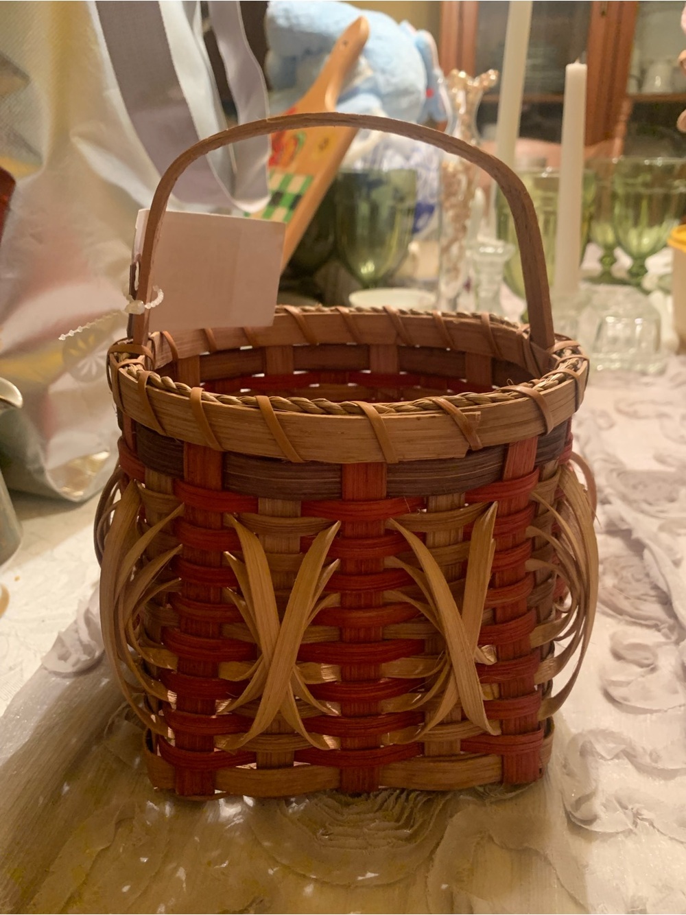 Handwoven Red and Brown Decorative Basket with Handle